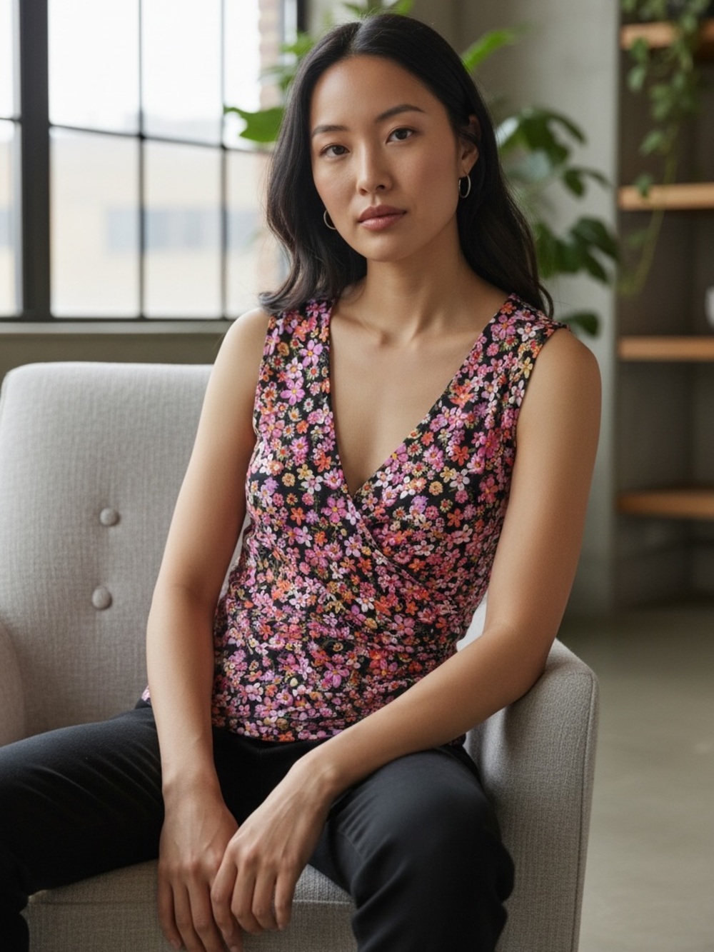 Sleeveless Floral Wrap Camisole in Black with Pink & Orange Blooms